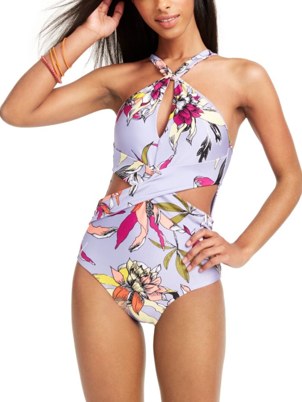 bar III Womens Printed High-Neck Cutout One-Piece Swimsuit - Picture 1 of 1